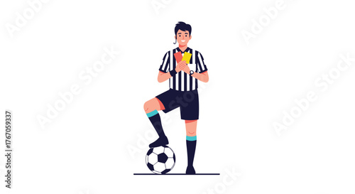 Soccer referee standing with a ball and holding yellow and red cards.