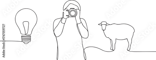 Photographer one continuous line art, Vector illustration, One line art, Line art graphic style