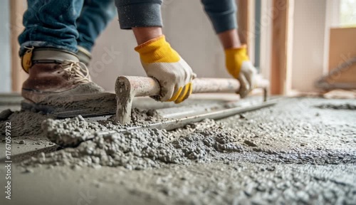 A construction worker, wearing gloves and boots, meticulously spreads fresh concrete screed across a floor using a long leveling tool, signifying the process of floor preparation and construction wo