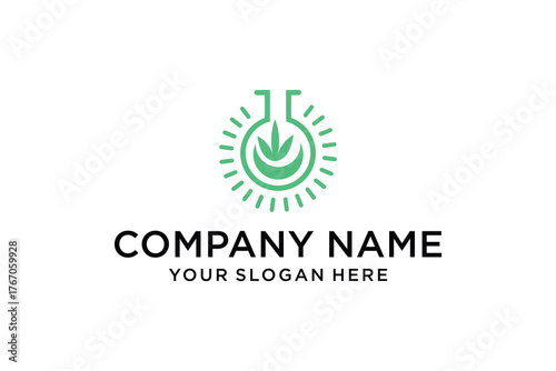 Green Science Nature Logo with Beaker, Leaf, and Radiating Light Design