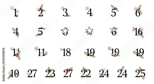Festive Christmas numbers adorned with holly, berries, and snowflakes create a magical countdown for advent calendars and holiday designs.