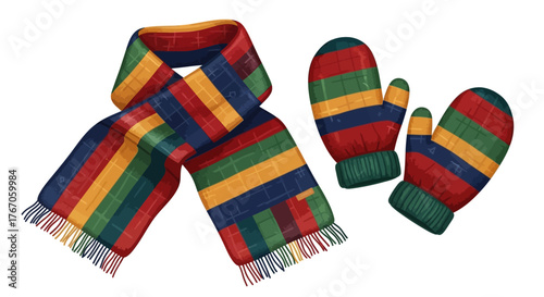 Cozy winter scarf and matching mittens in vibrant, multi-colored stripes perfect for staying warm and stylish during cold weather adventures