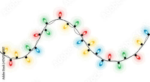 Vibrant string of colorful Christmas lights glowing brightly, creating a festive and joyful atmosphere for holiday celebrations