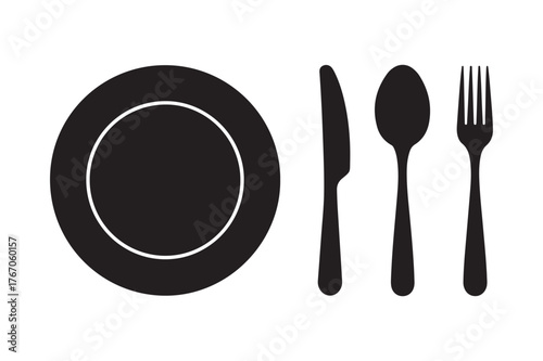 Black silhouette of a plate and cutlery set
