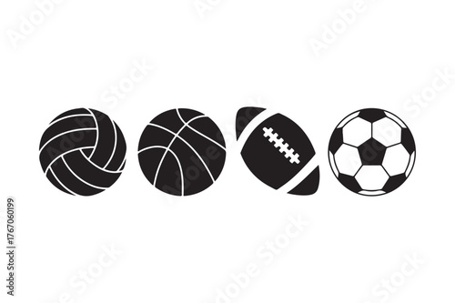 Collection of four distinct sports balls in silhouette