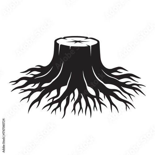 Black silhouette of a tree stump with exposed spreading roots against a white background