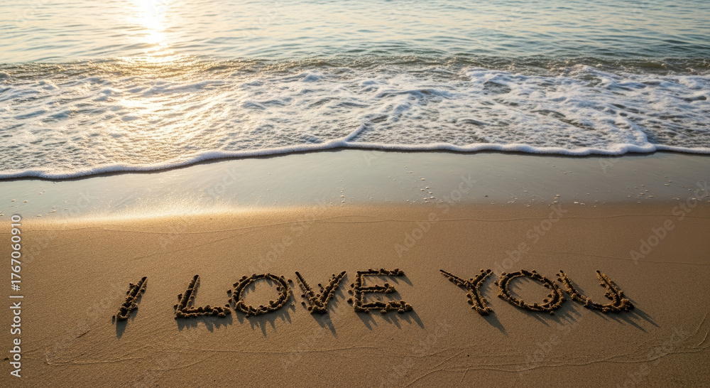 Fototapeta premium I love you message written on the beach sand near the ocean waves during a bright sunny day scene