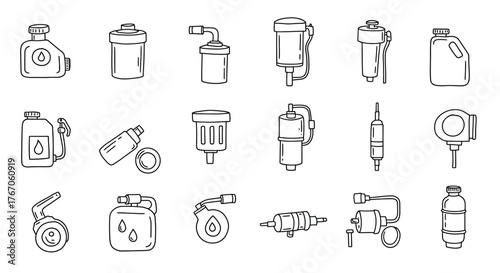 Collection of linear oil filter and container icons in black and white