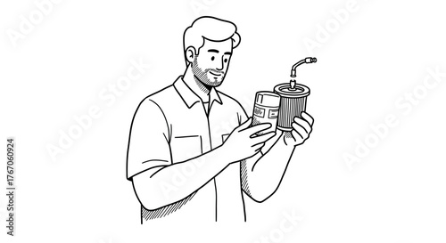 Man reading coffee label in linear art style