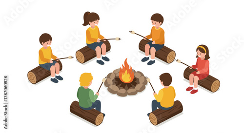 Kids enjoying campfire marshmallow roasting in isometric style