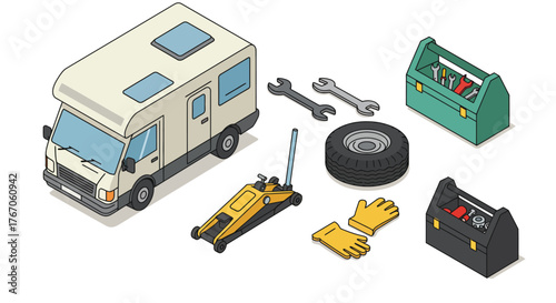 Isometric camper van with repair tools and equipment for outdoor adventures