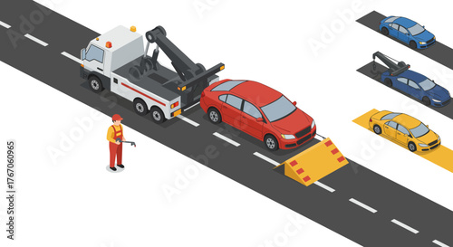 Isometric tow truck scene with vehicles being loaded for transportation