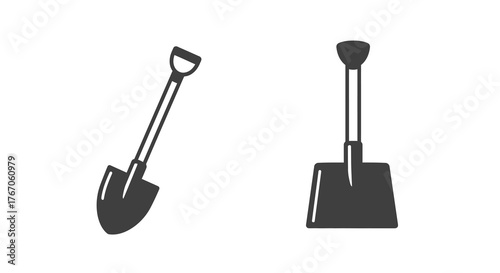 Monochrome shovels: spade and scoop tool icons for gardening projects