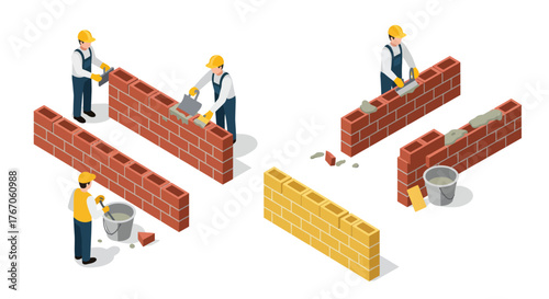 Isometric construction workers building brick walls with tools