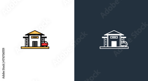Dual style minimalistic train station icon in color and outline