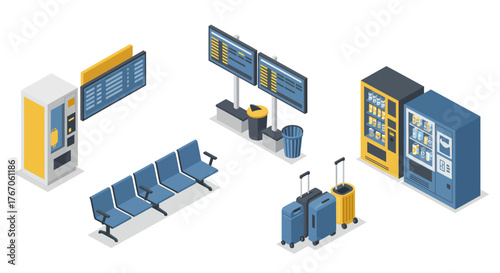 Isometric airport interior elements with seating, signage, and luggage