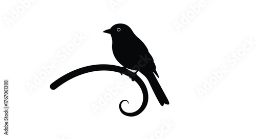 Silhouette of a small bird perched on a decorative metal branch against a white background.