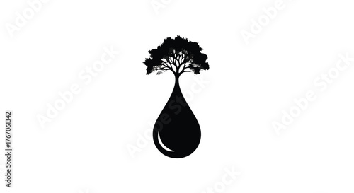 Stylized tree silhouette emerges from a black liquid drop, symbolizing nature and liquid resources.