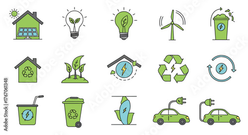 Eco-friendly icon set: renewable energy and sustainable living concepts
