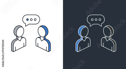 Isometric outline of networking communication: two people with speech bubbles