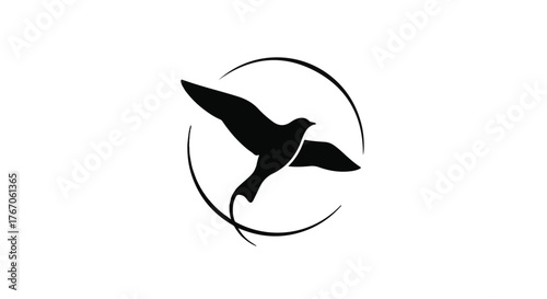 Elegant black silhouette of a bird in flight within a circular frame, symbolizing freedom and aspiration.