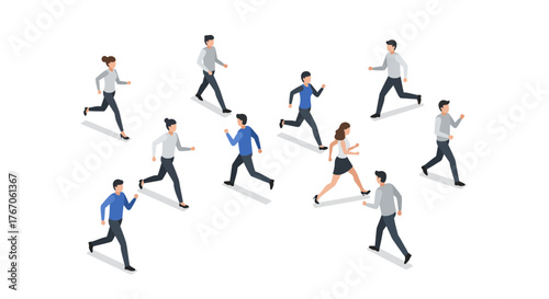 Isometric people running in different directions on white background