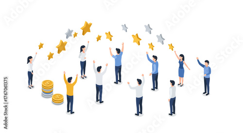 Team celebrating success with stars and coins in isometric style