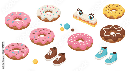 Playful donuts and sneakers in cute 3d cartoon design with colorful sprinkles