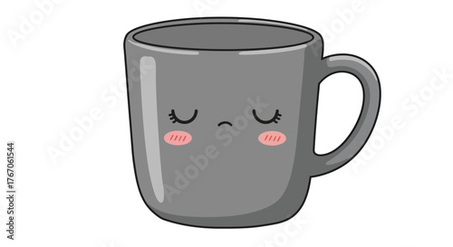 Cute kawaii mug with pink blushing cheeks and sleepy face on white background