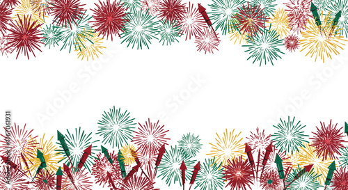 Festive fireworks border with colorful starbursts and rockets for celebrations