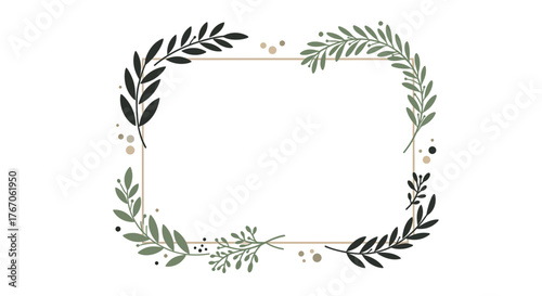 Elegant botanical frame with greenery and gold accents for invitations
