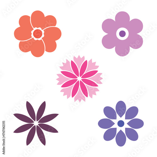 Collection of five stylized colorful flat design flowers with unique petal shapes and center details on a white background