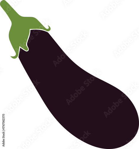 A single ripe purple eggplant with a green stem isolated on a white background