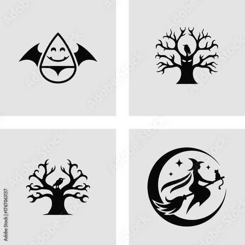 Set of Halloween silhouette icons including a bat spooky tree and witch on a broom vector illustration for holiday designs