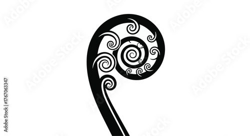 Elegant black fern frond unfurling in a graceful spiral pattern against a white background.