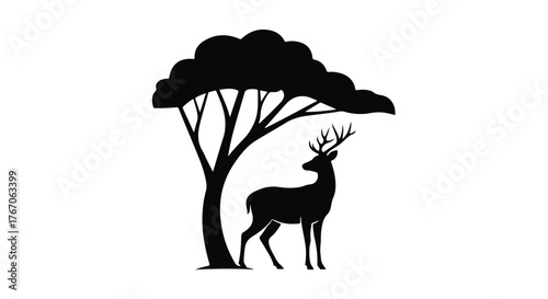 Elegant deer stands peacefully under a silhouette of a tree on a white background.