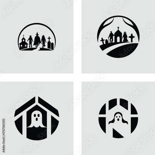 Set of Halloween vector icons featuring spooky graveyard scenes and ghosts perfect for holiday designs and themed graphics
