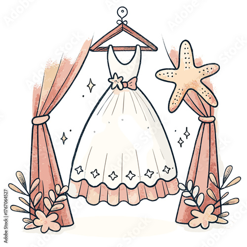 Wedding dress hanging with flowers and starfish on white background  
