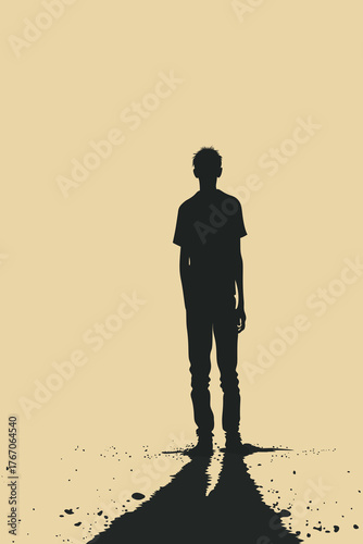 Silhouette of a lonely person standing with a long shadow, symbolizing depression, isolation, and mental struggle. Minimalist artwork expressing sadness and introspection.