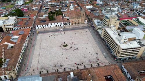 Central park of Tunja Boyaca, Aerial view of main square in historic city, Urban park surrounded by colonial architecture. High quality 4k footage