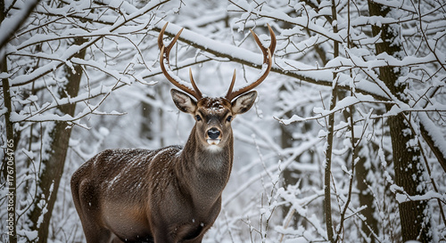 Male deer standing in snowy forest surrounded by winter trees  