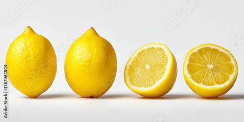 Bright yellow lemons displayed whole and sliced on a clean white background showcasing their juicy interiors