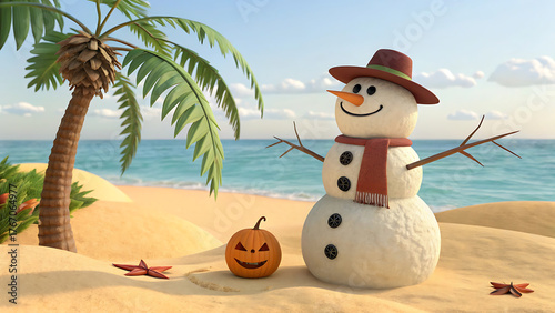 Snowman and pumpkin on a beach with palm tree and ocean under a bright blue sky in a cartoon style