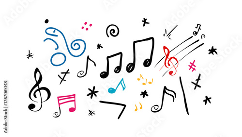 Colorful music notes and symbols illustration with treble clef musical notation and staff design for creativity