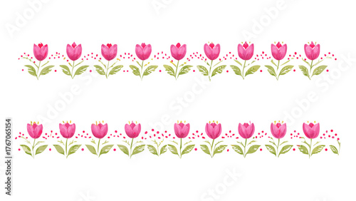 Pink flower border floral design element with tulip flowers and leaf pattern decorative spring flower decoration