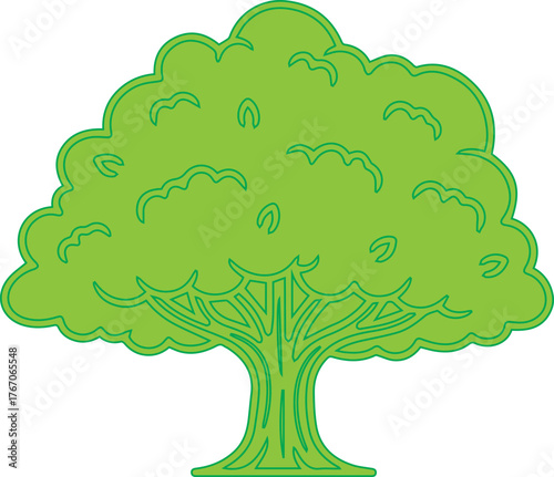 Vibrant green stylized deciduous tree with a thick trunk and full leafy canopy isolated on white background