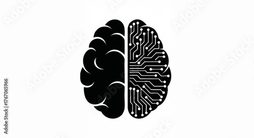 Artificial intelligence concept icon with a human and circuit brain. Minimalist flat design vector illustration. Technology and neuroscience symbol