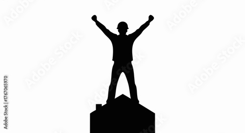 Silhouette of a construction worker on a house roof. Builder celebrating success with arms raised. Minimalist vector icon for building and real estate