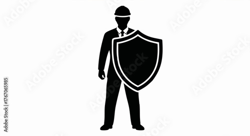 Cybersecurity professional holding a shield icon. Worker safety and insurance concept. Minimalist black silhouette vector illustration