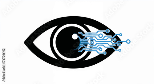 Technological eye vector icon with a digital data circuit. Bionic vision and artificial intelligence concept. Minimalist flat illustration for cybersecurity and surveillance